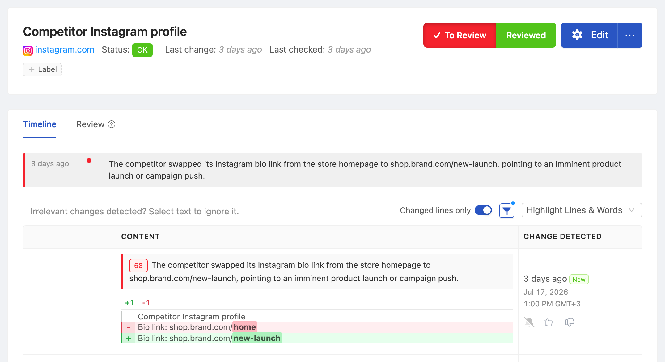 PageCrawl change diff for Competitor Instagram profile, highlighting the added and removed text