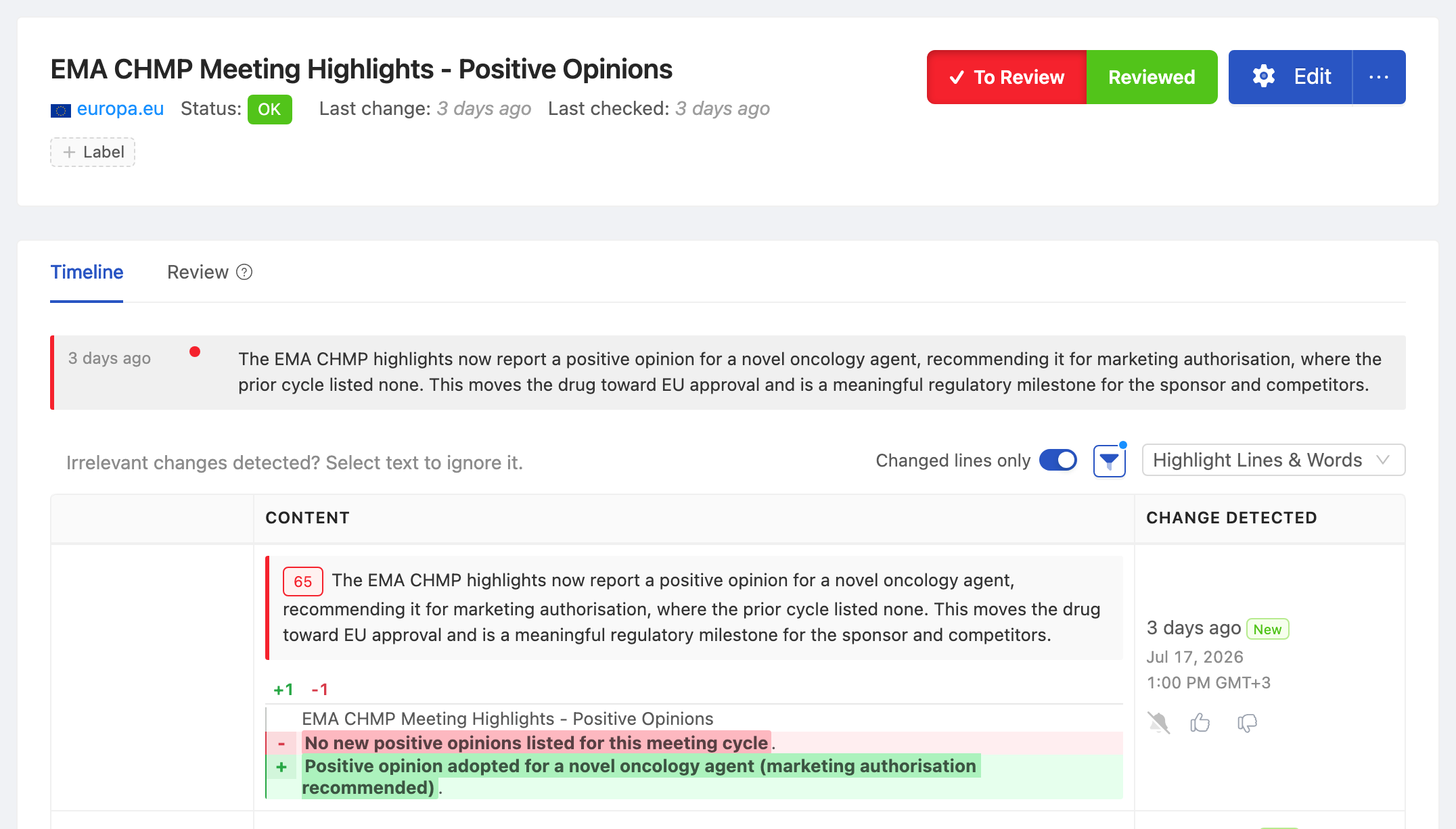 PageCrawl change diff for EMA CHMP Meeting Highlights - Positive Opinions, highlighting the added and removed text