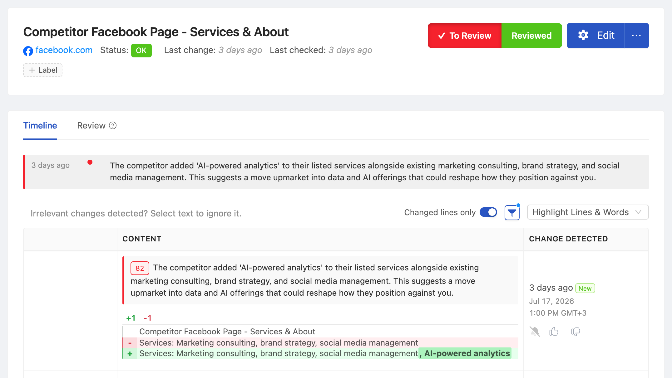 PageCrawl change diff for Competitor Facebook Page - Services & About, highlighting the added and removed text
