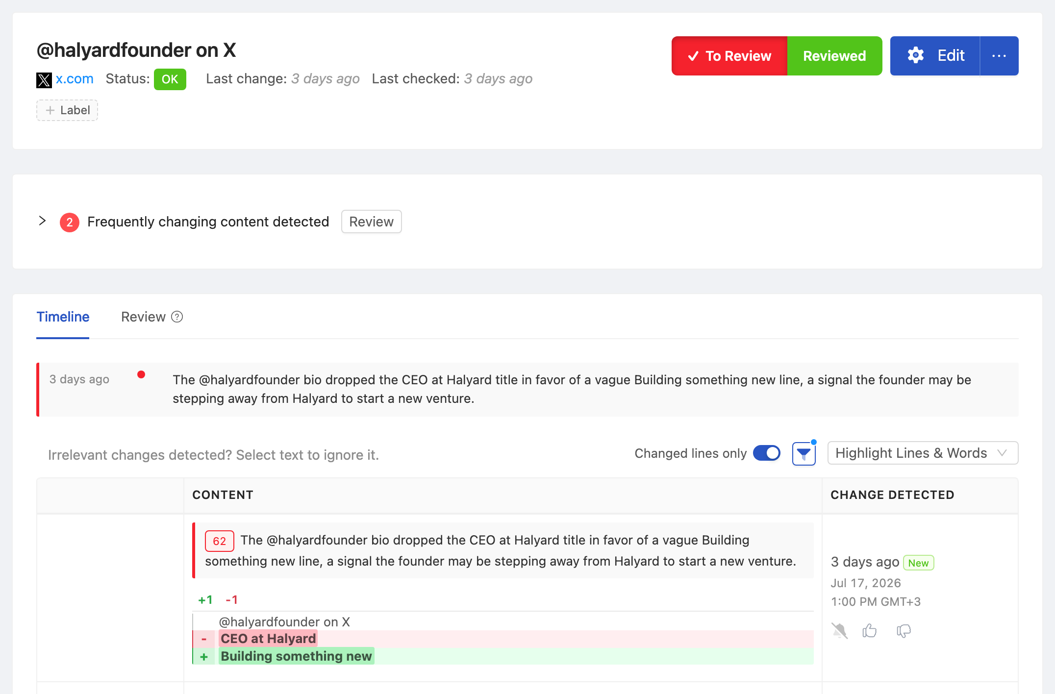 PageCrawl change diff for @acmefounder on X, highlighting the added and removed text