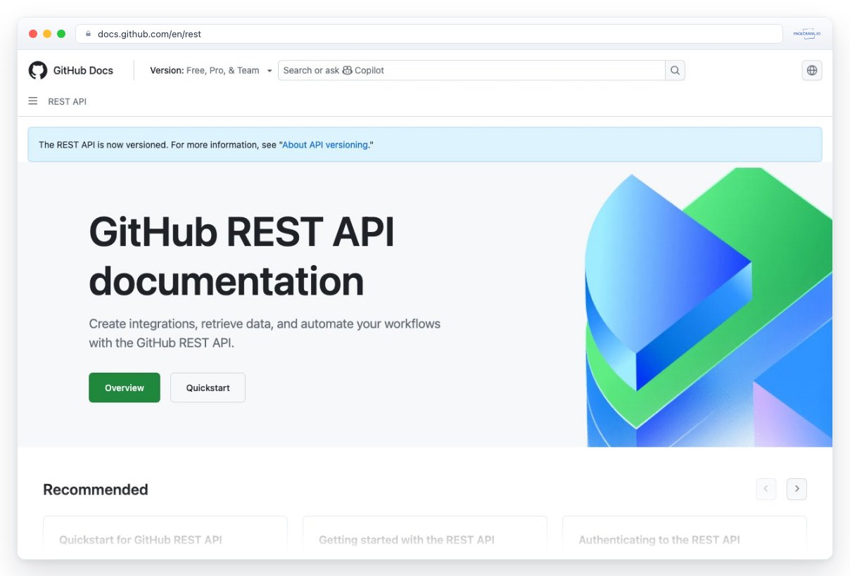 Screenshot of docs.github.com in a browser window, an example of a page PageCrawl can monitor for changes