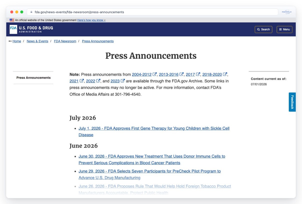 Screenshot of fda.gov in a browser window, an example of a page PageCrawl can monitor for changes