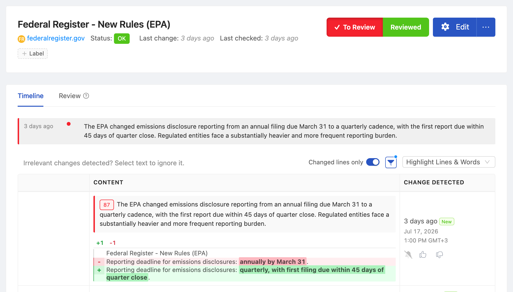 PageCrawl change diff for Federal Register - New Rules (EPA), highlighting the added and removed text
