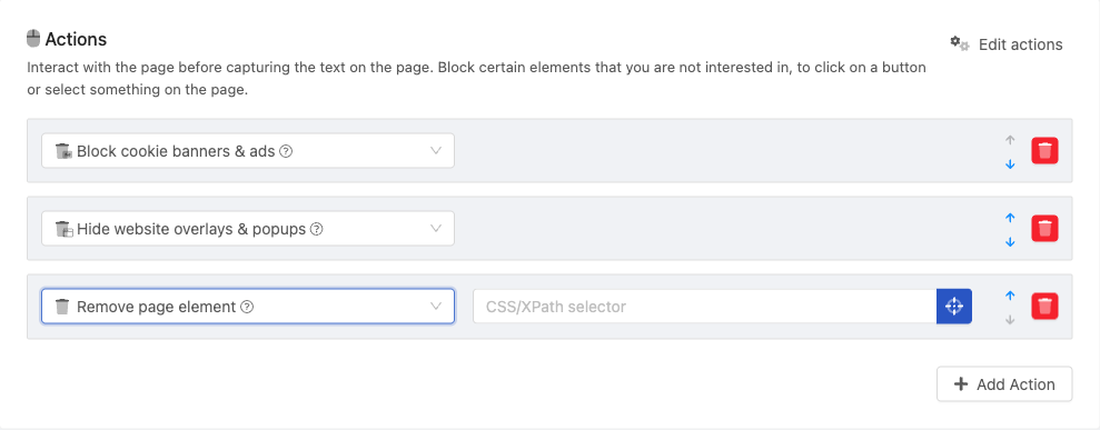 action remove page elements
