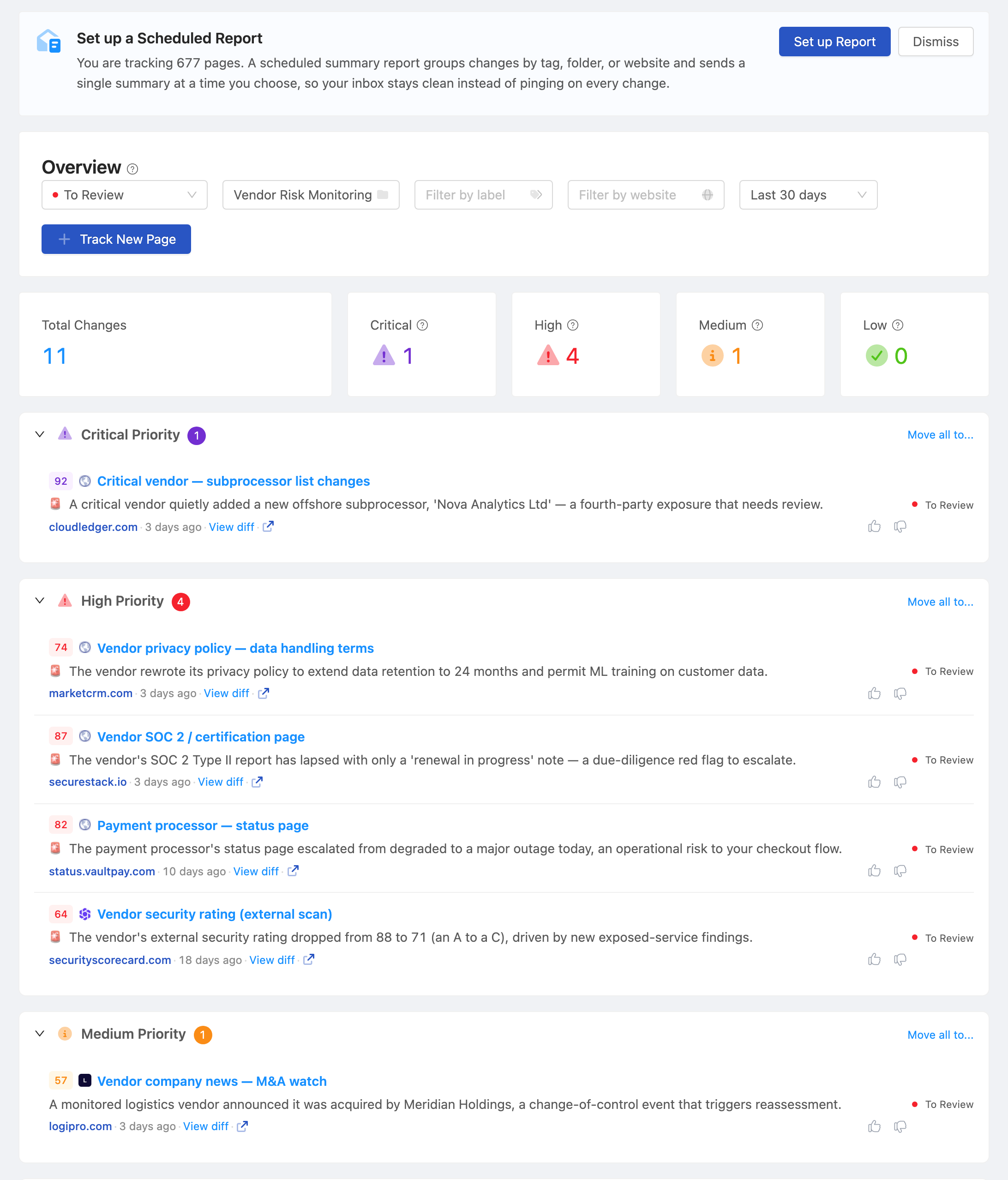 PageCrawl dashboard tracking a portfolio of client websites at a glance