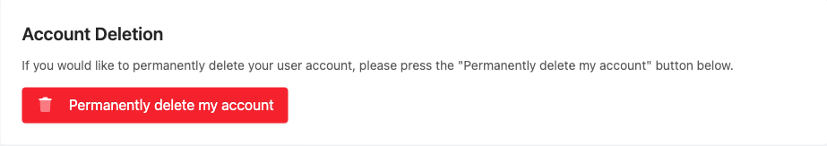 Account Deletion section at the bottom of Account Settings with the Permanently delete my account button