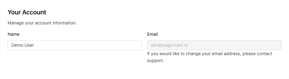 Your Account section in Account Settings showing the read-only email field with a note to contact support to change it