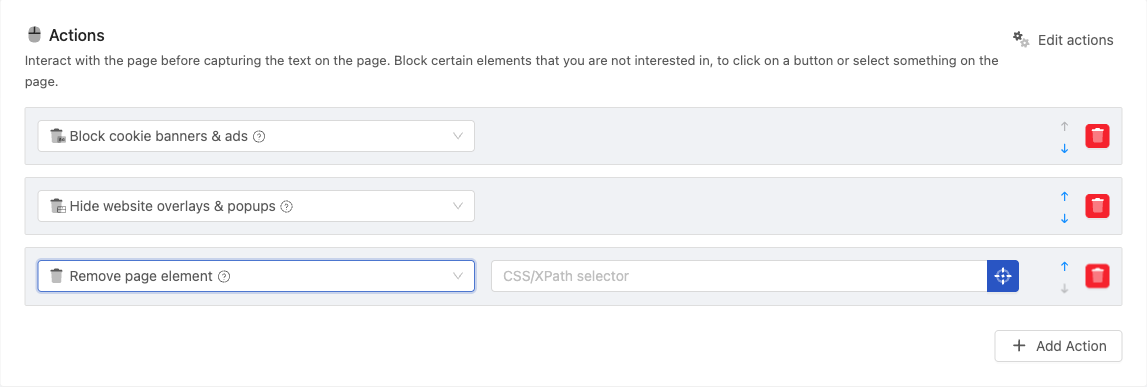 Remove page element action in the page editor with a CSS or XPath selector field and visual selector button