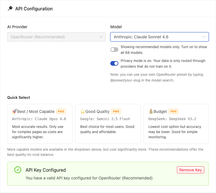 BYOK API Configuration with AI provider, model selection, Quick Select model tiers, and a confirmed API key