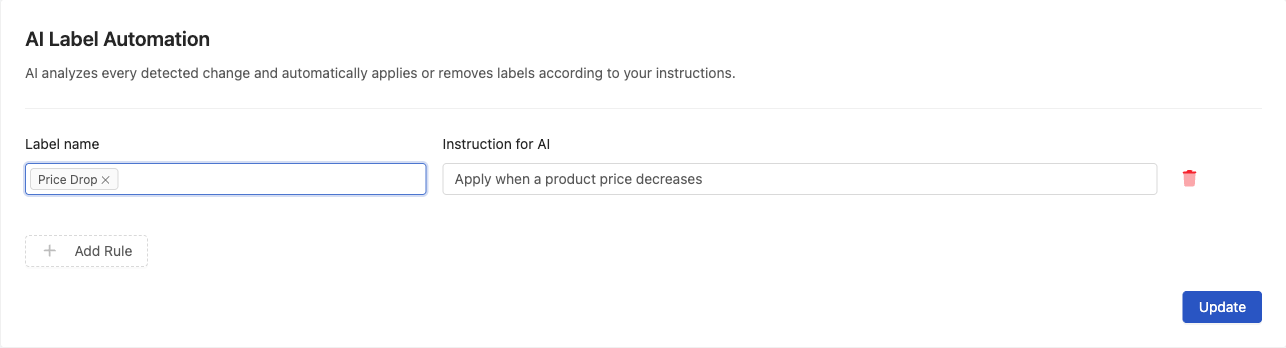AI Label Automation section with a label/instruction rule pairing the Price Drop label to an instruction, plus the Add Rule button