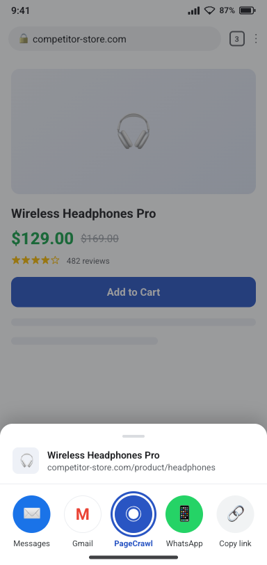 Android Chrome share sheet open on a product page with PageCrawl highlighted as a share target