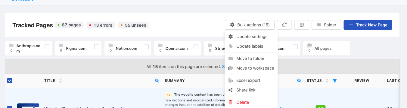 Tracked pages with rows selected and the Bulk actions menu open