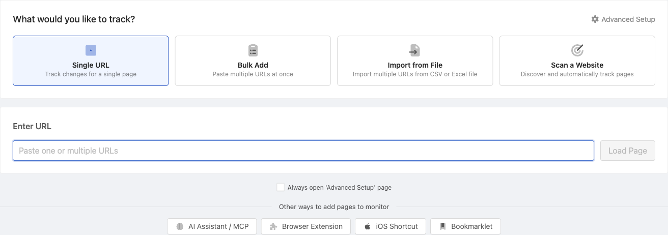 Track New Page screen where you paste a direct PDF URL to begin monitoring it