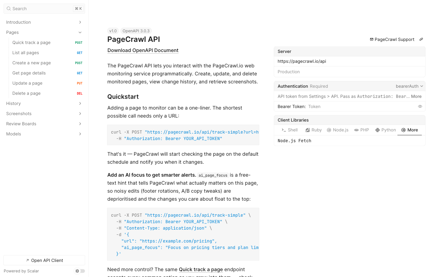 Interactive API reference at pagecrawl.io/developers with endpoints, authentication, and copy-paste code examples