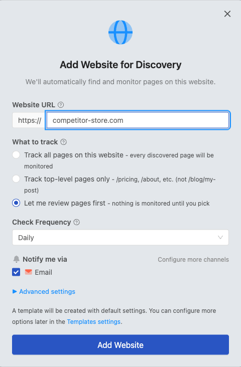 Add Website for Discovery dialog with the website URL, what to track options, check frequency, and notification settings