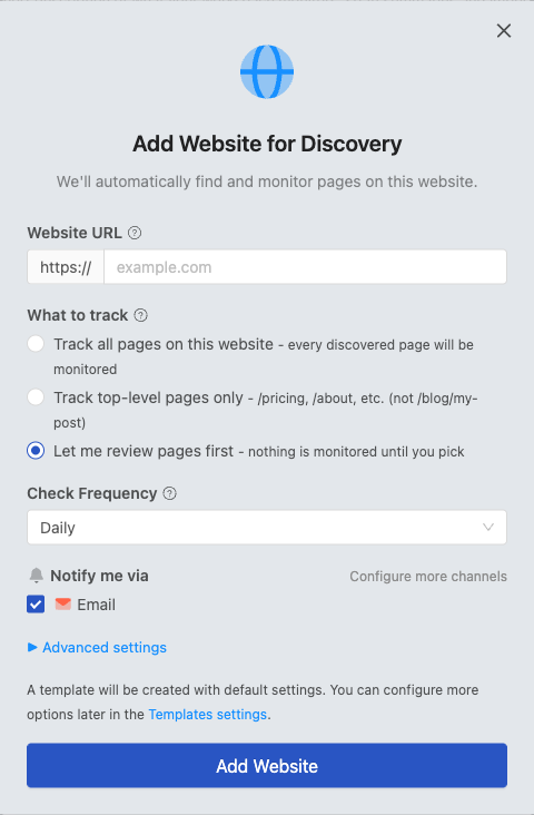 Add Website for Discovery dialog with the website URL, what-to-track options, and scan frequency