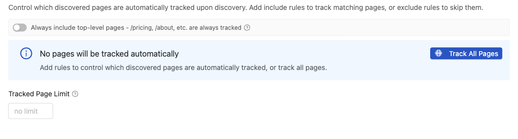 Discovery filter controls in the template: include and exclude rules, Track All Pages, and a tracked page limit