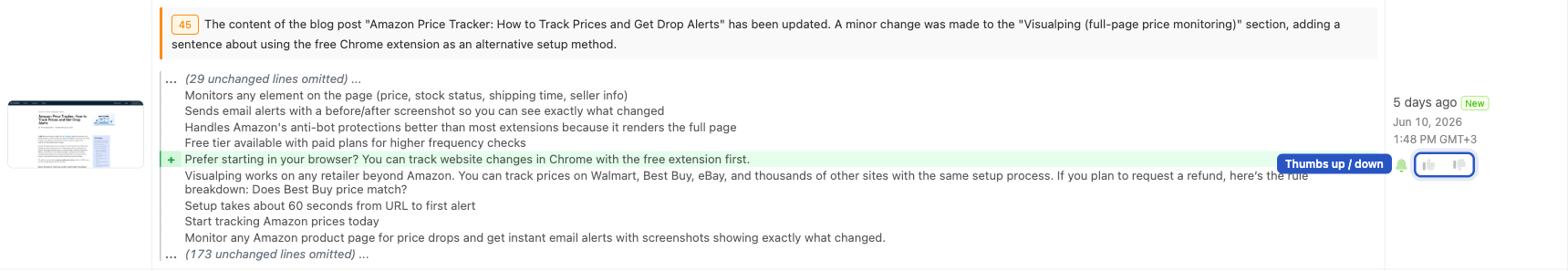 A detected change in the page timeline with the thumbs up and thumbs down feedback buttons highlighted on the right