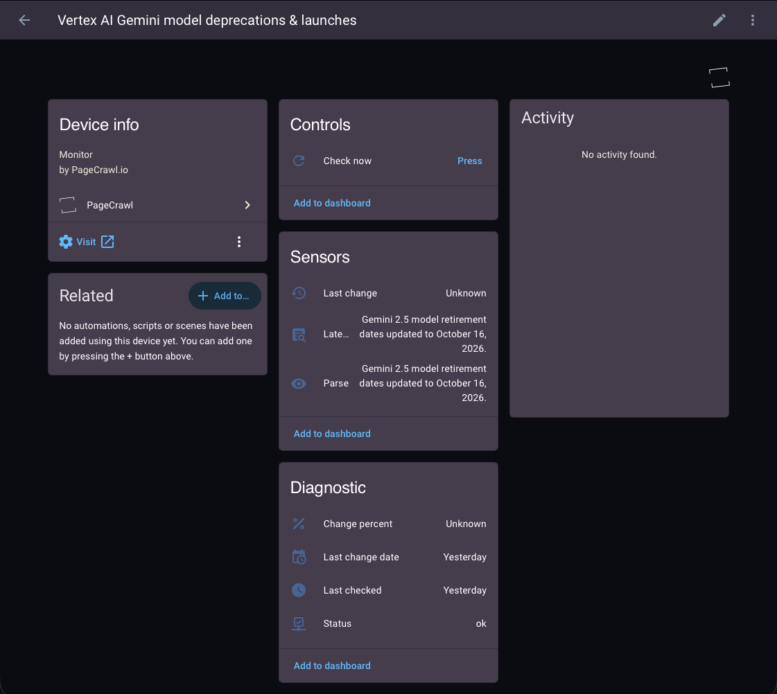 A PageCrawl monitor as a Home Assistant device, showing its sensors, a Check now control, and diagnostic entities for last checked, last change date, and status