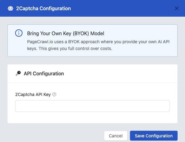 2Captcha Configuration dialog in PageCrawl with the 2Captcha API Key field