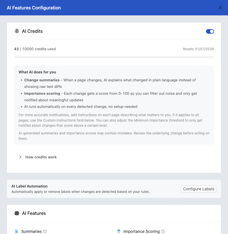 AI Features Configuration in workspace integrations with provider, model, and credit usage
