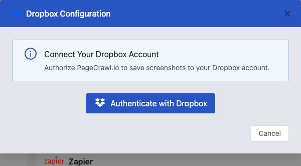 Dropbox Configuration dialog in PageCrawl for authenticating and choosing a screenshot folder