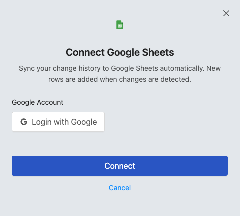 Connect Google Sheets dialog in PageCrawl with the Login with Google button
