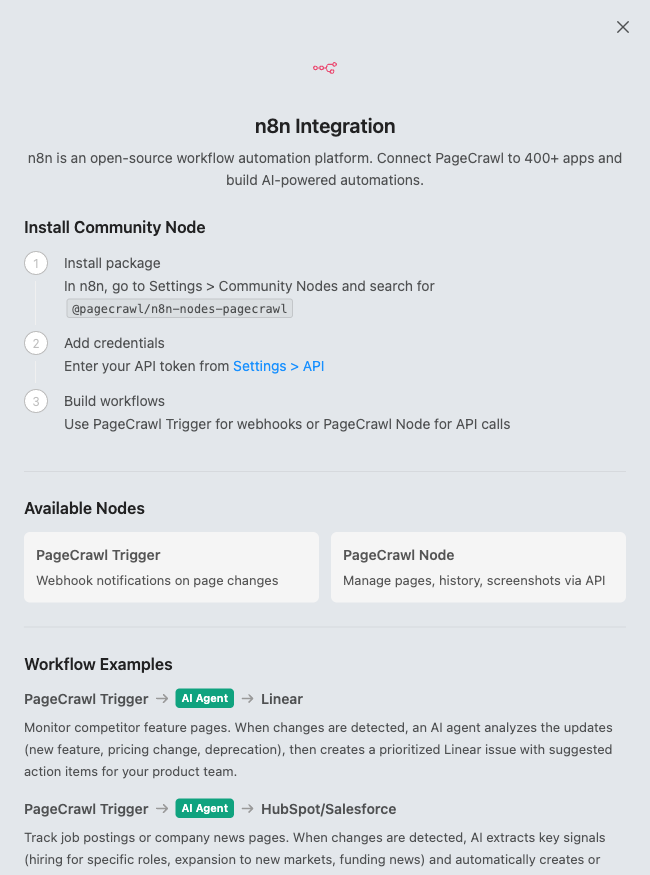 n8n integration dialog in PageCrawl with community node install steps, available nodes, and workflow examples