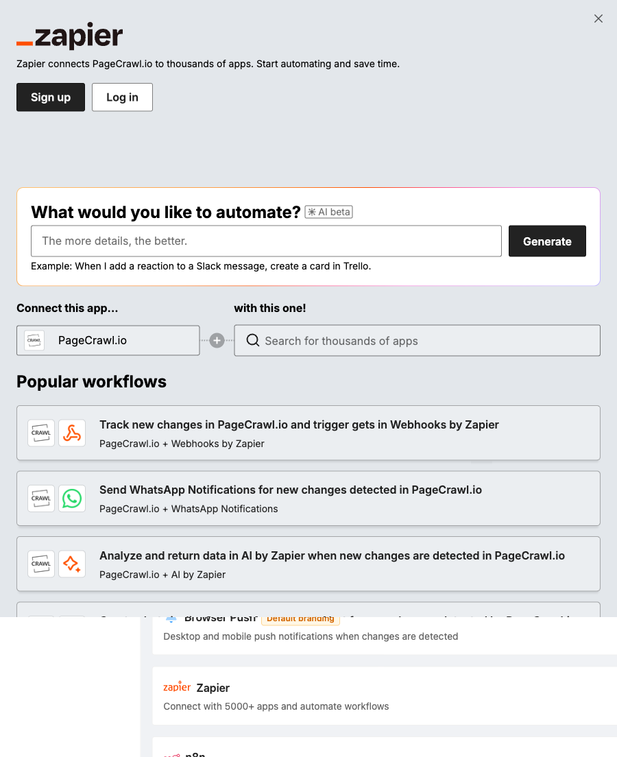 Zapier integration dialog in PageCrawl with prebuilt workflow templates for change detection