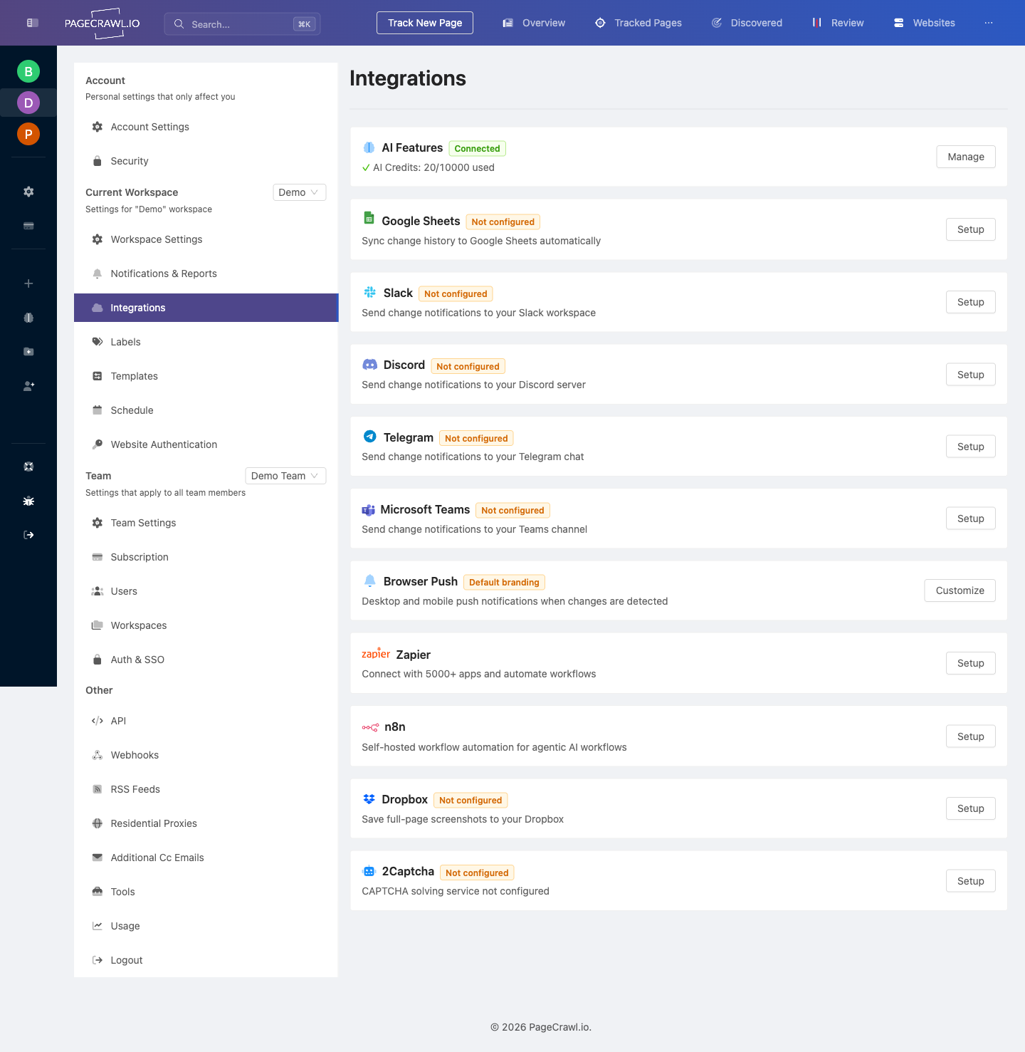 PageCrawl Integrations settings page showing Zapier and other available connections