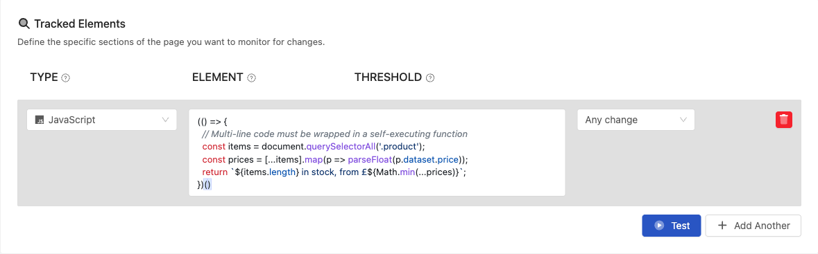 JavaScript example: selecting the JavaScript element type and entering code in the editor, whose return value is then tracked