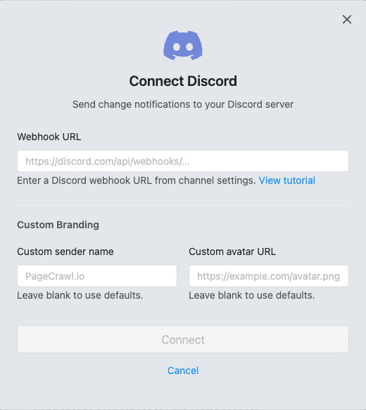 Connect Discord dialog in PageCrawl with the webhook URL field