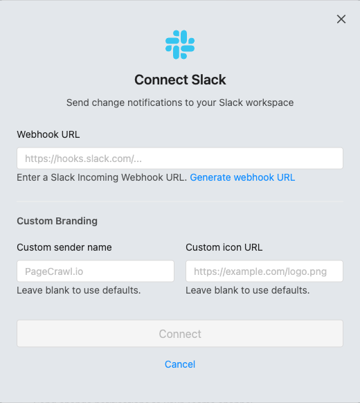 Connect Slack dialog in PageCrawl with the Webhook URL field and custom branding options