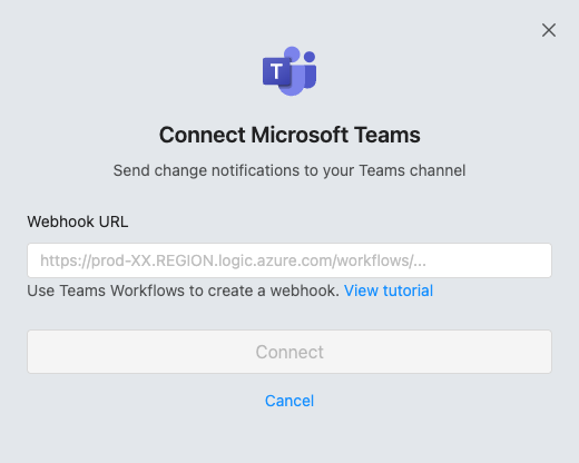 Connect Microsoft Teams dialog in PageCrawl with the webhook URL field