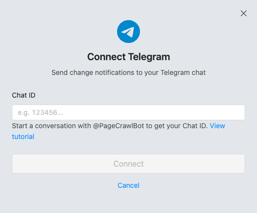 Connect Telegram dialog in PageCrawl with the Chat ID field