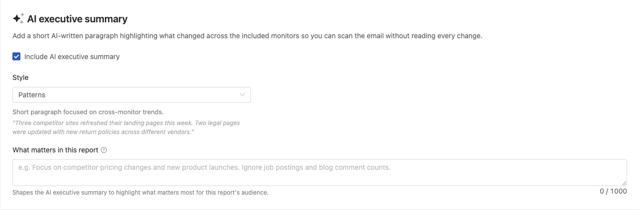 AI executive summary settings with a style selector (Patterns), an example summary, and a 'What matters in this report' focus prompt