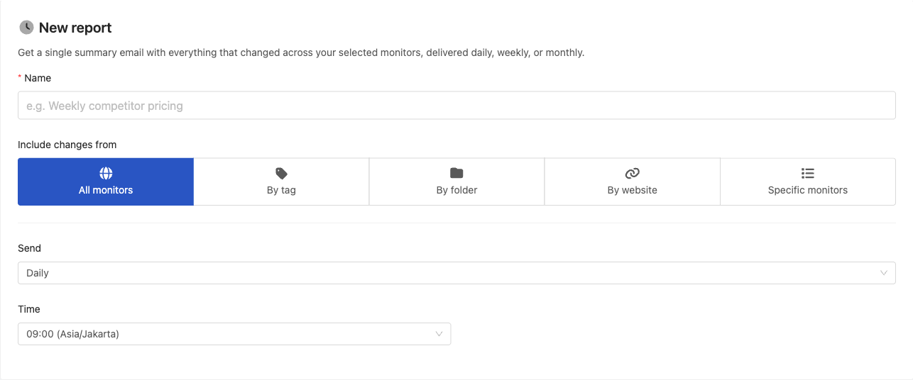 New report configuration with a name, scope options (All monitors, By tag, By folder, By website, Specific monitors), and the send schedule and time