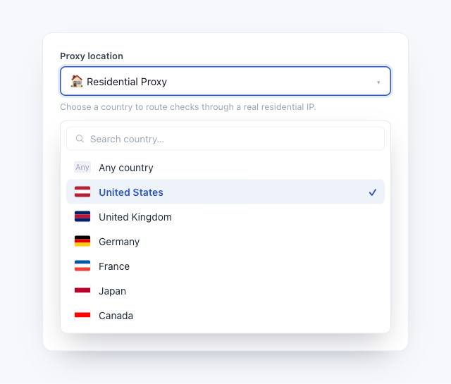 Proxy location set to Residential Proxy, with the country selector open showing Any country plus United States, United Kingdom, Germany, France, Japan, and Canada