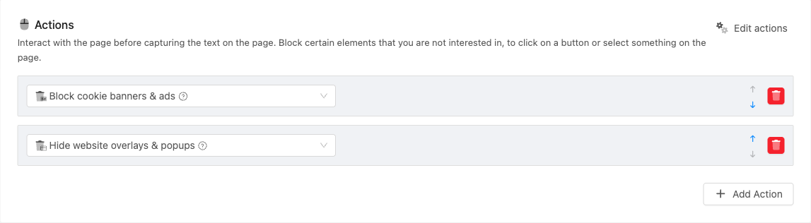 Actions section in the page configuration form with Block cookie banners and Hide overlays actions and the Add Action button