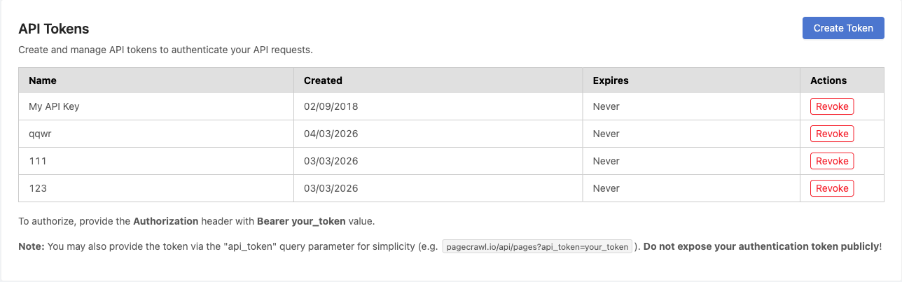 API Tokens card with the tokens table, Create Token button, and the Bearer authorization note