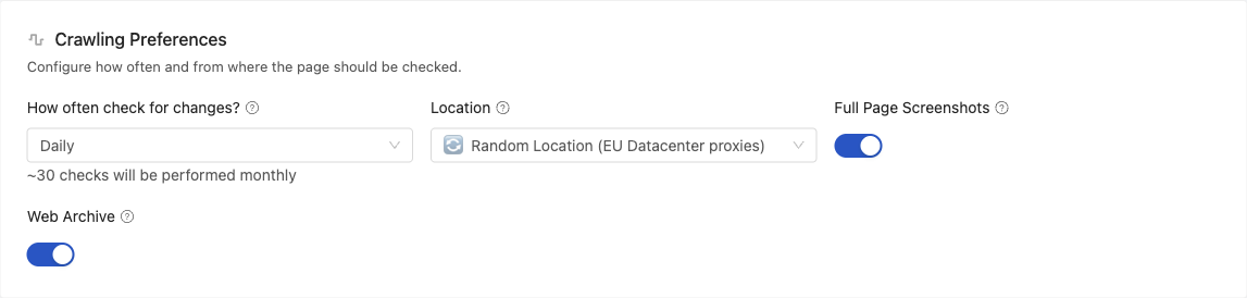 Crawling Preferences with the Location dropdown for choosing a proxy location per page
