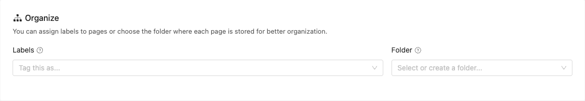 Organize section of the page editor with Labels and Folder selectors for grouping monitored pages