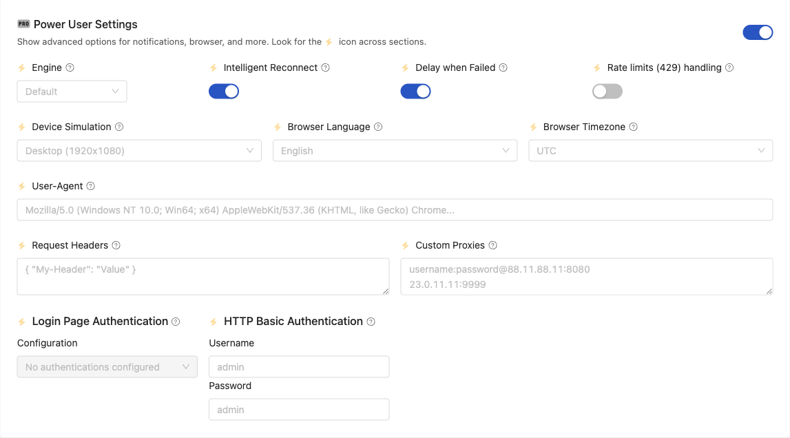 Power User Settings enabled in the page editor, revealing Engine, Intelligent Reconnect, Device Simulation, User-Agent, Request Headers, and Custom Proxies options