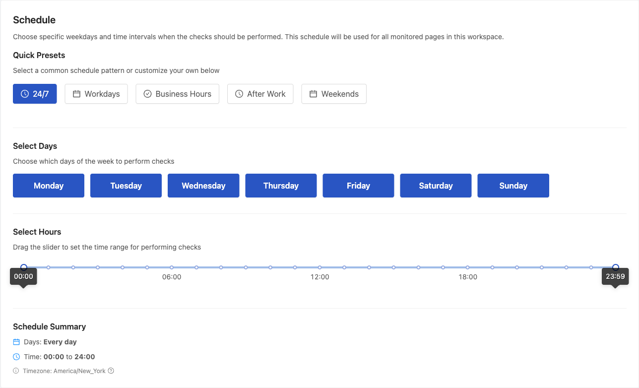 Workspace schedule settings with quick presets, day selection, an active-hours slider, and a schedule summary