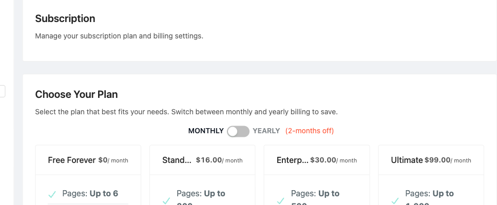 Subscription settings with the Choose Your Plan section and a monthly or yearly billing toggle