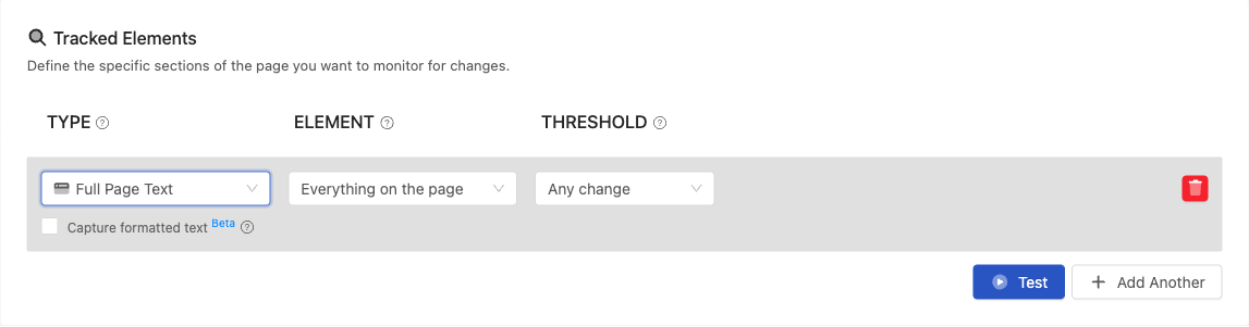 Tracked Elements section where the Number element type is selected with its selector and threshold
