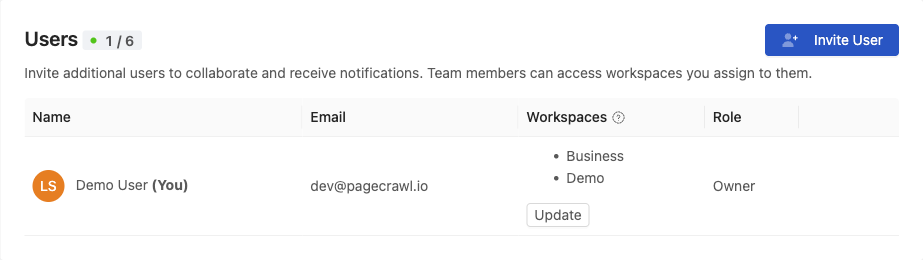 Users settings page listing team members with their email, assigned workspaces, and role, plus the Invite User button
