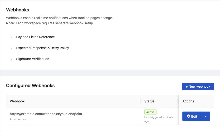 Webhooks settings page with the Configured Webhooks list and the New webhook button