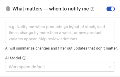 What matters AI panel in the page editor with the AI summarization toggle and focus instructions