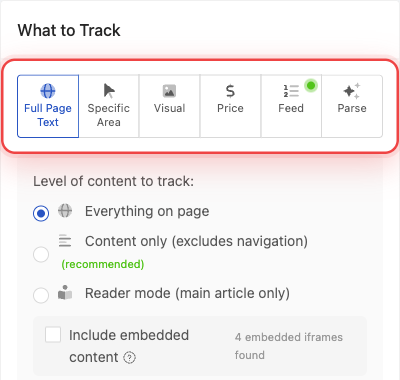 What to Track panel with the Feed option among the tracking mode tabs